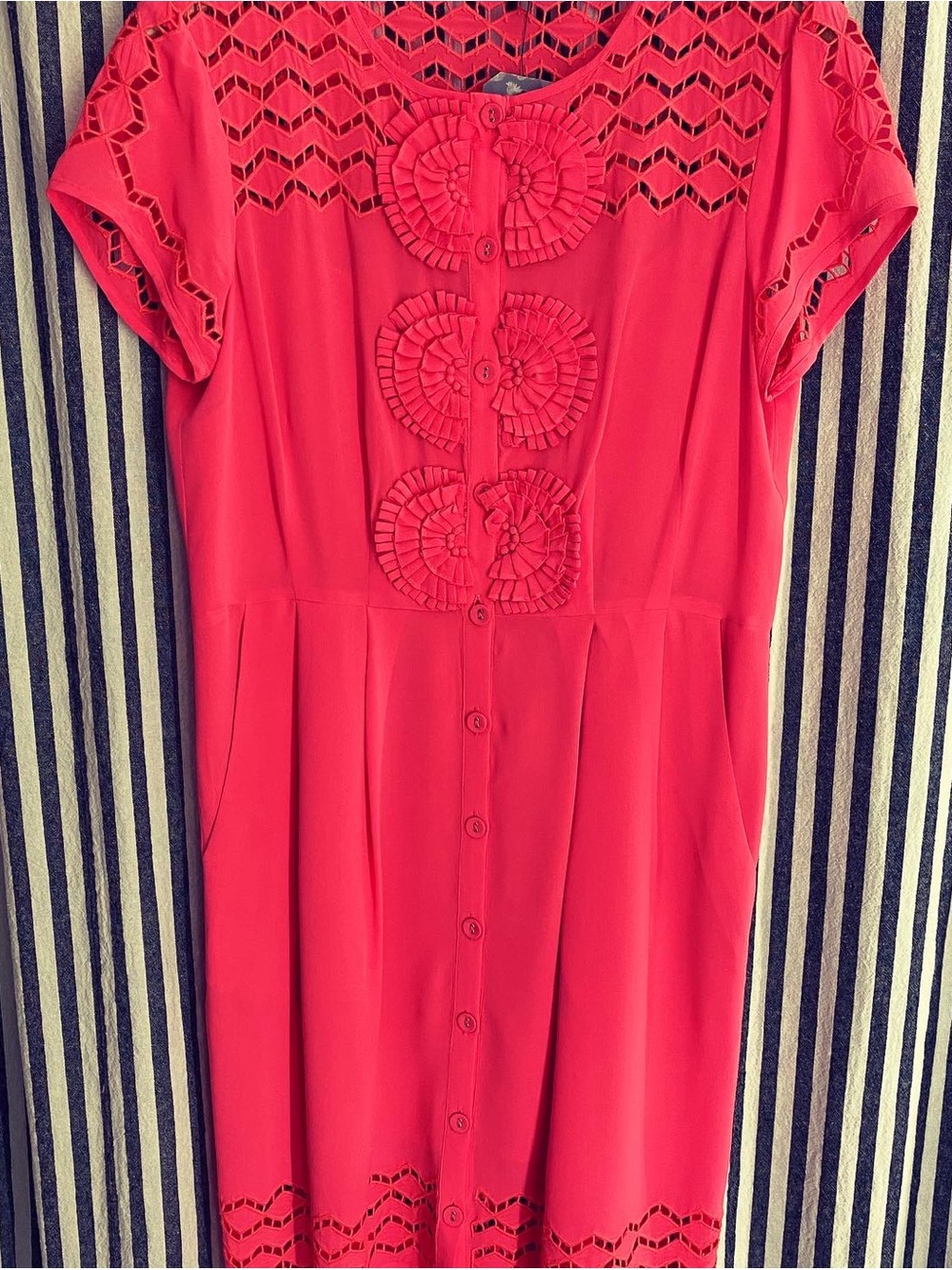 Nanette Lepore Dress vintage silk Orange Coral Button-Front w Rosette Detail S - Picture 2 of 4